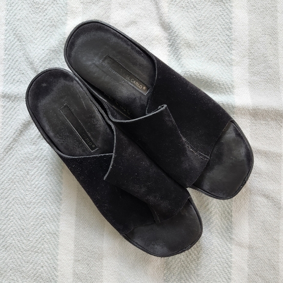 Vintage Black Velvet Suede Slide Platform Sandals - Picture 1 of 6